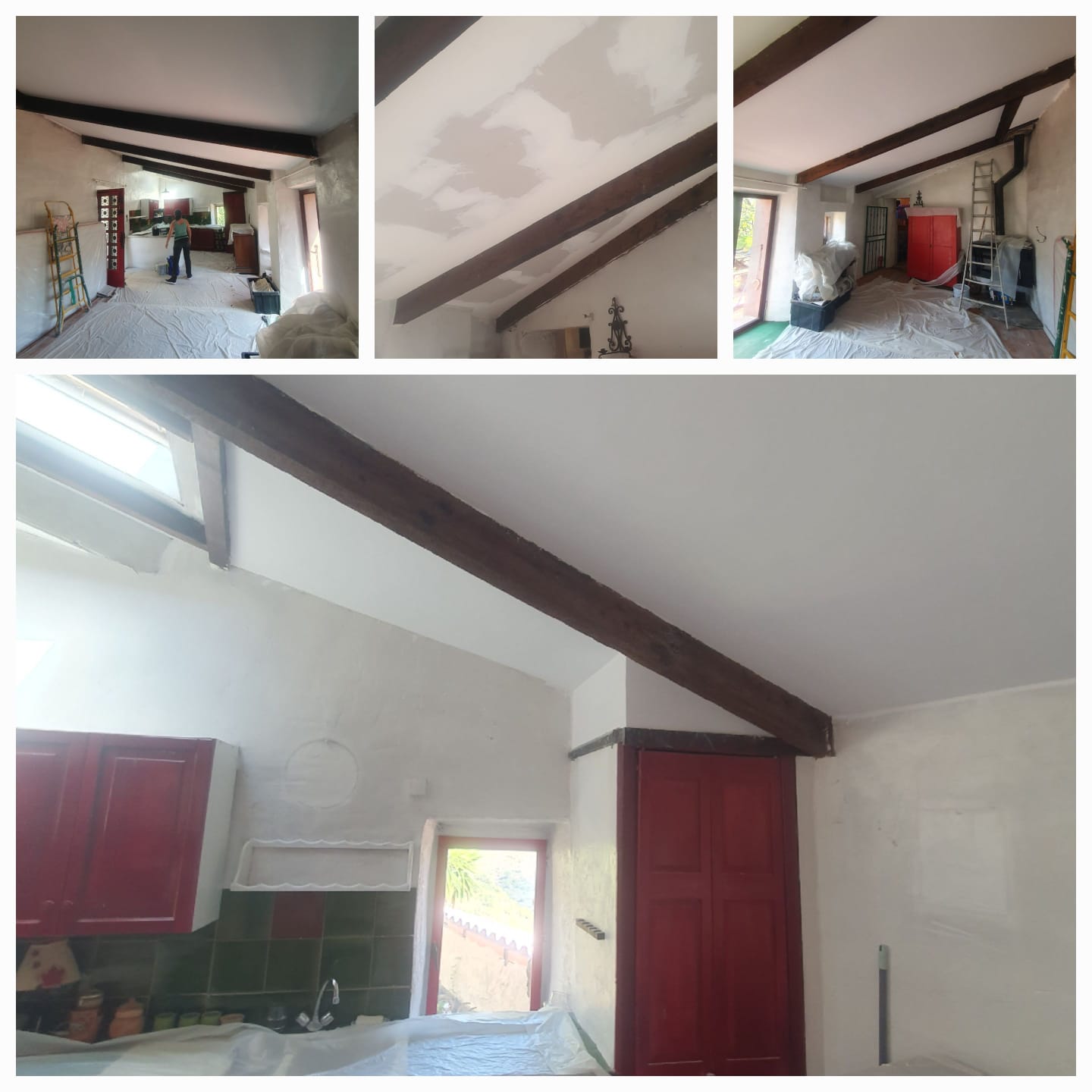 Avant après rénovation cuisine — plafond peint et poutres apparentes dans les Pyrénées-Orientales