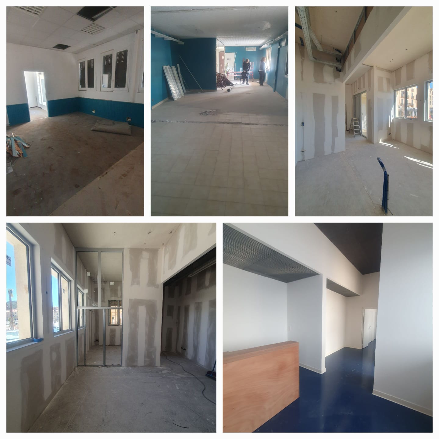 Revêtement de sol bleu posé dans un local professionnel rénové — peinture murale blanche et sol technique par L'atelier d'Armelle Jodts